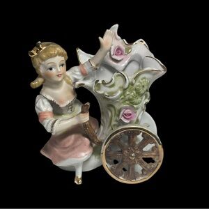 L&M Vtg CORNUCOPIA With Wheels Porcelain VASE WOMAN FIGURINE